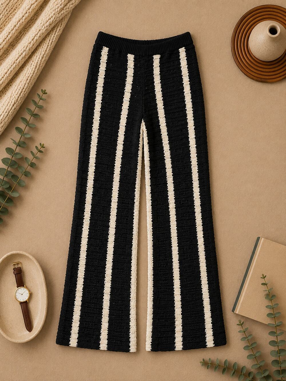 Boohoo Women's Black Cream Vertical Stripe Crochet Knit Wide Leg Pants SZ S